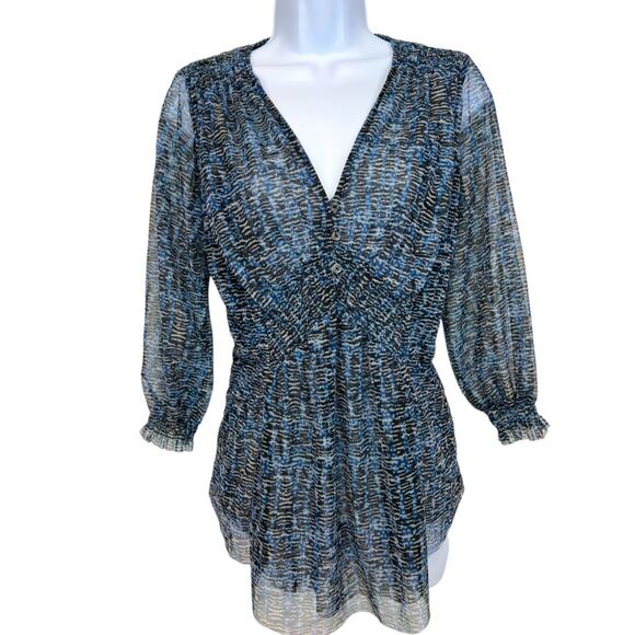 Anthropologie Gretchen Smocked Sheer top blouse Vneck - Picture 13 of 15